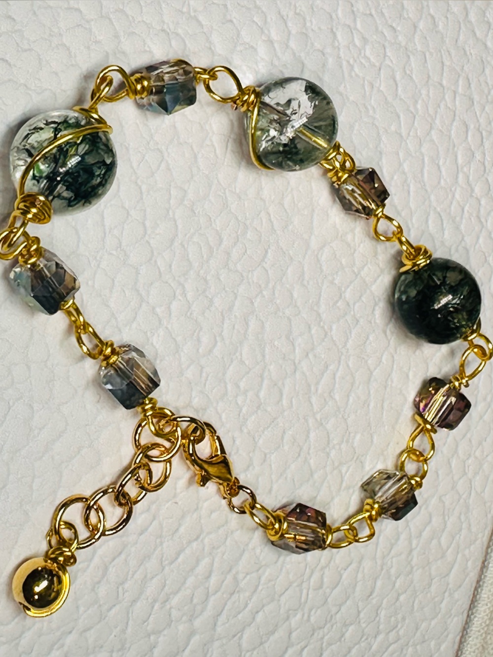 Gold-Wire Wrapped Green Gemstone Bracelet
